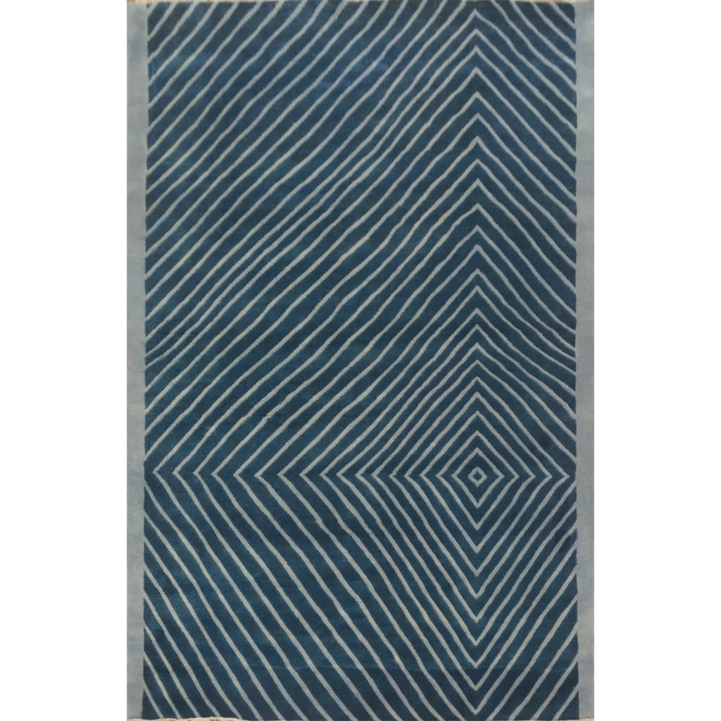 Hand-knotted Tribal Wool Blue Geometric Oriental Area Rug - 8' 5'' X 6' 2''