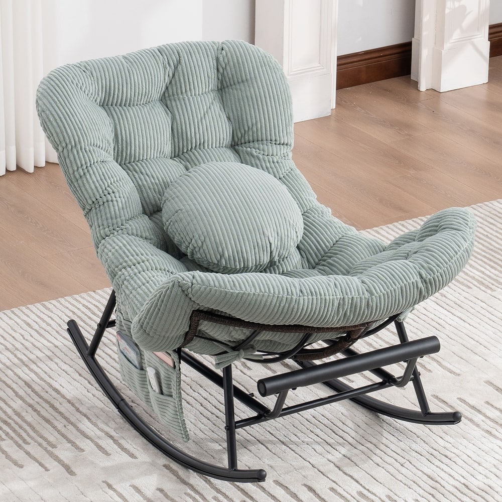 HOMEFUN Corduroy Upholstered Egg Shaped Design Steel Frame Rocking Chair with Side Pocket and Foot Pedal