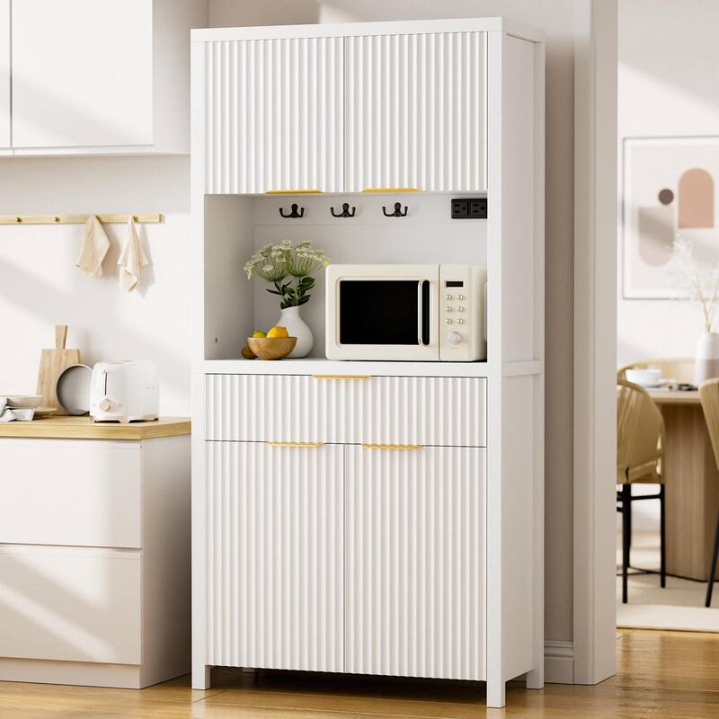 71"Pantry Storage Cabinet with Drawer, Charging Station and Open Countertop for Dining Living Room - White