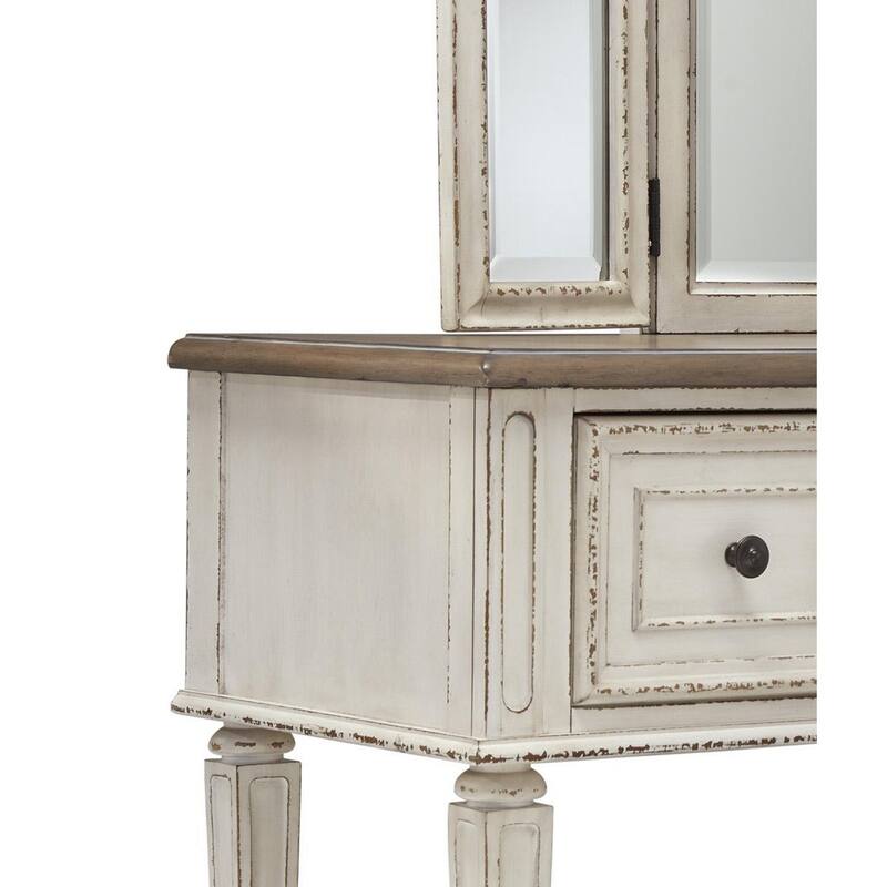 Antiqued Wooden Mirror Stool Set with Square Tapered Legs, White and Brown