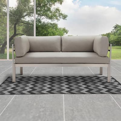 Cilo 65 Inch Outdoor Sofa, Smooth Gray Water Resistant Fabric, Aluminum