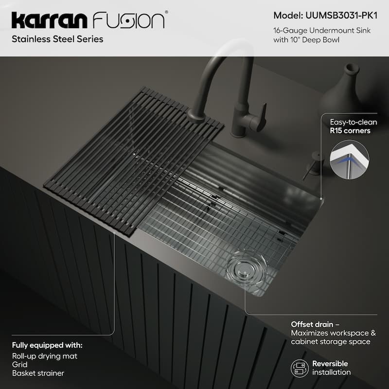 Karran USA UUMSB3031-PK1 Fusion 30" Undermount Single Basin Stainless