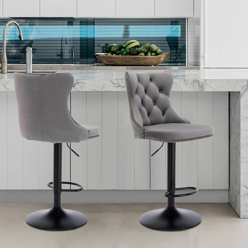 Velvet Upholstered Nailheads Tufted Swivel Bar Stools (Set of 2)