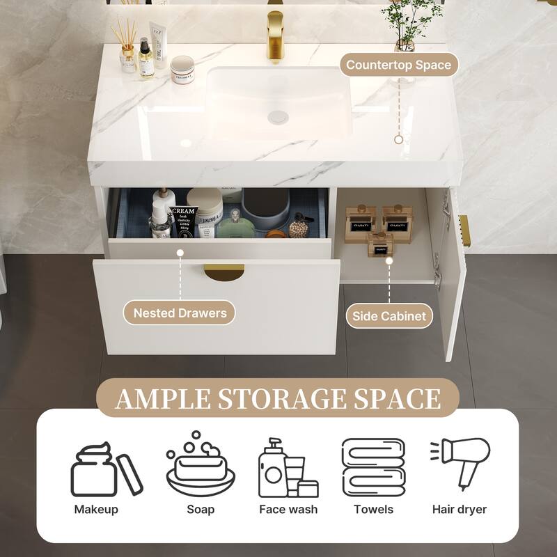 36" Single Bathroom Vanities with Sintered StoneTop, Wall Mount Vanities with Ample Storage