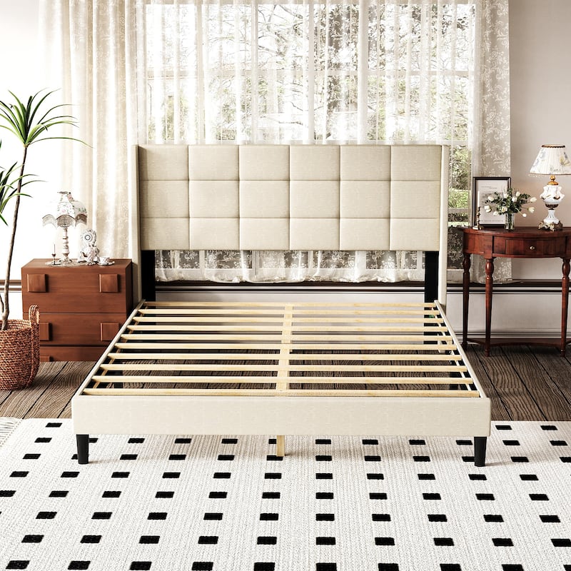 Farmhouse Queen Bed Frame Upholstered Button-Tufted Headboard Beige