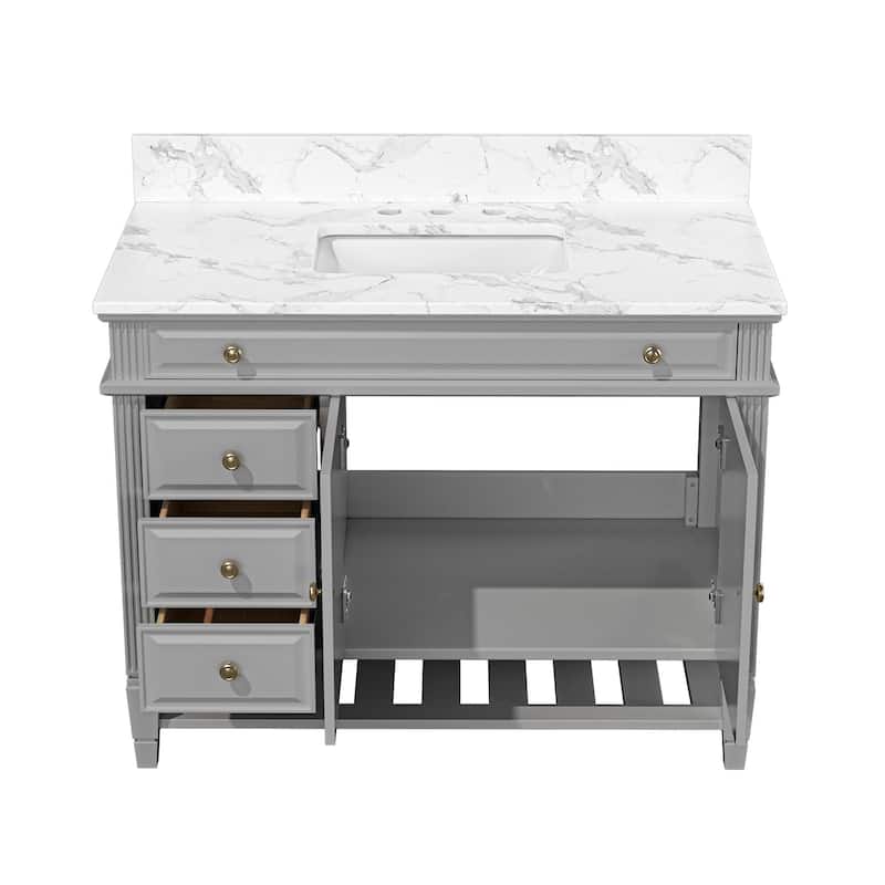 42-Inch Bathroom Vanity with Artificial Marble Countertop, Single Sink, Storage Shelf, Drawers, and Double Door Cabinet