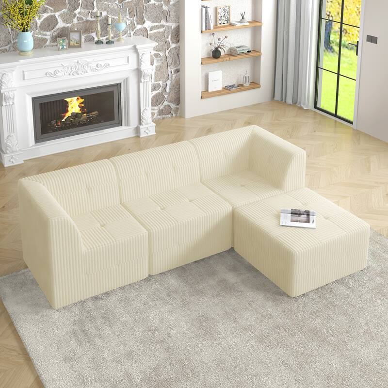 Minimalist Corduroy Upholstered Sectional Sofa with Chaise, Modular Compressed Sleeper Couch with Ottoman for Living Room