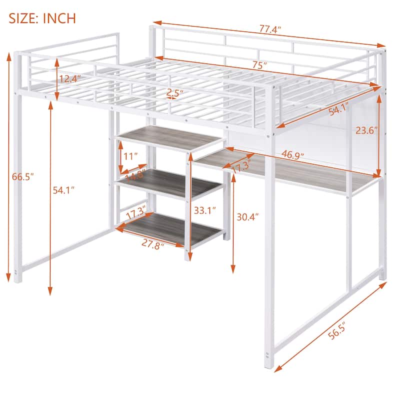 Twin Size Metal Loft Bed with Desk, Shelves, and Ladder - Sturdy Steel Frame for Kids' Exploration