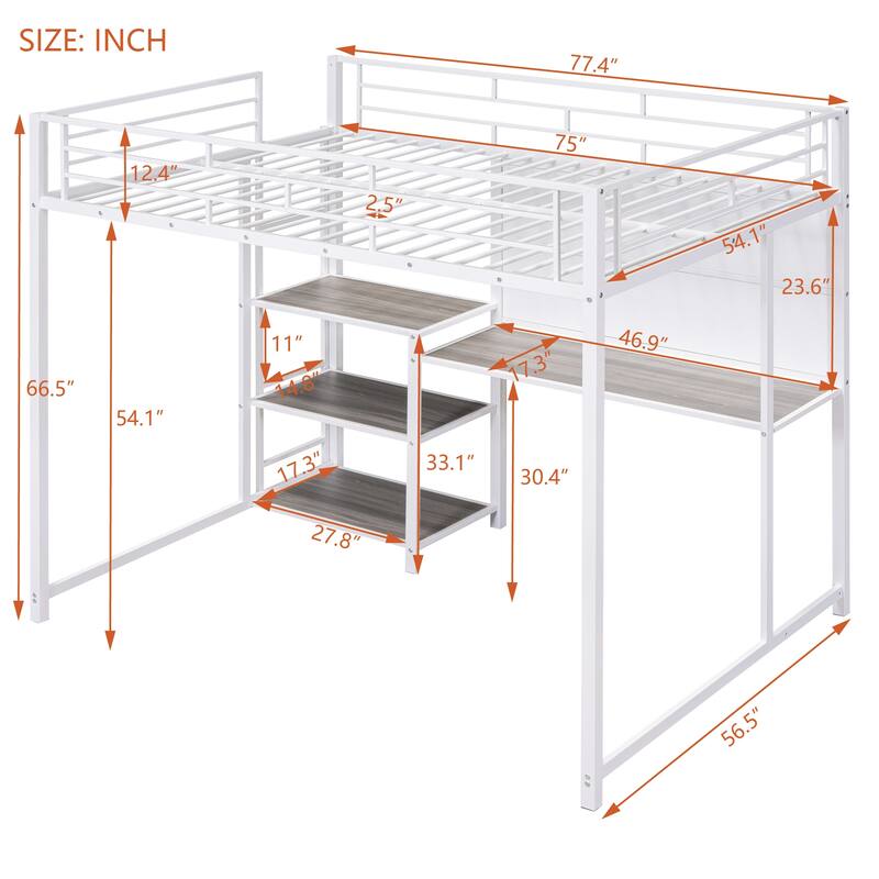 Twin Size Metal Loft Bed with Desk, Shelves, and Ladder