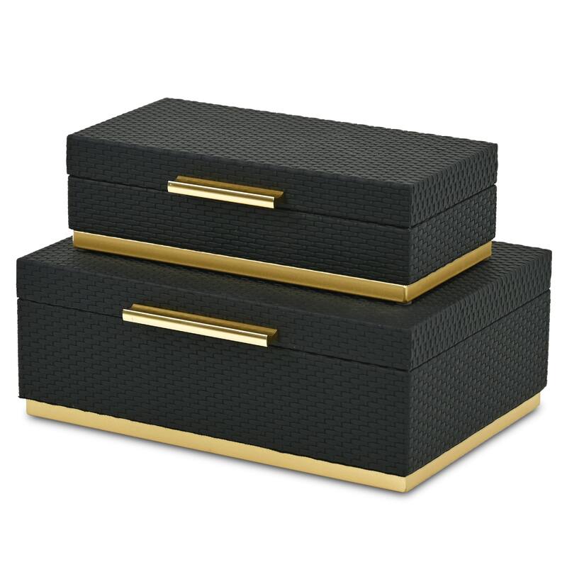 Tamsin Set of 2 Rectangular Decorative Storage Boxes - Wicker Weave Pattern with Gold Hardware