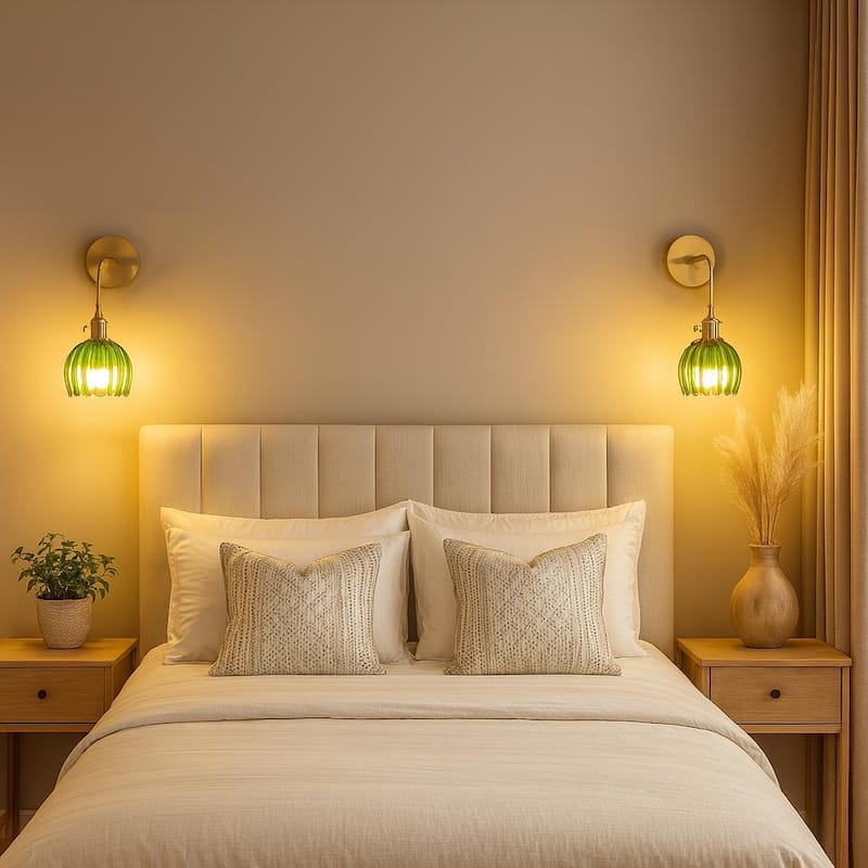Set of 2 Battery Operated Wireless Sconce with Green Glass Lampshade