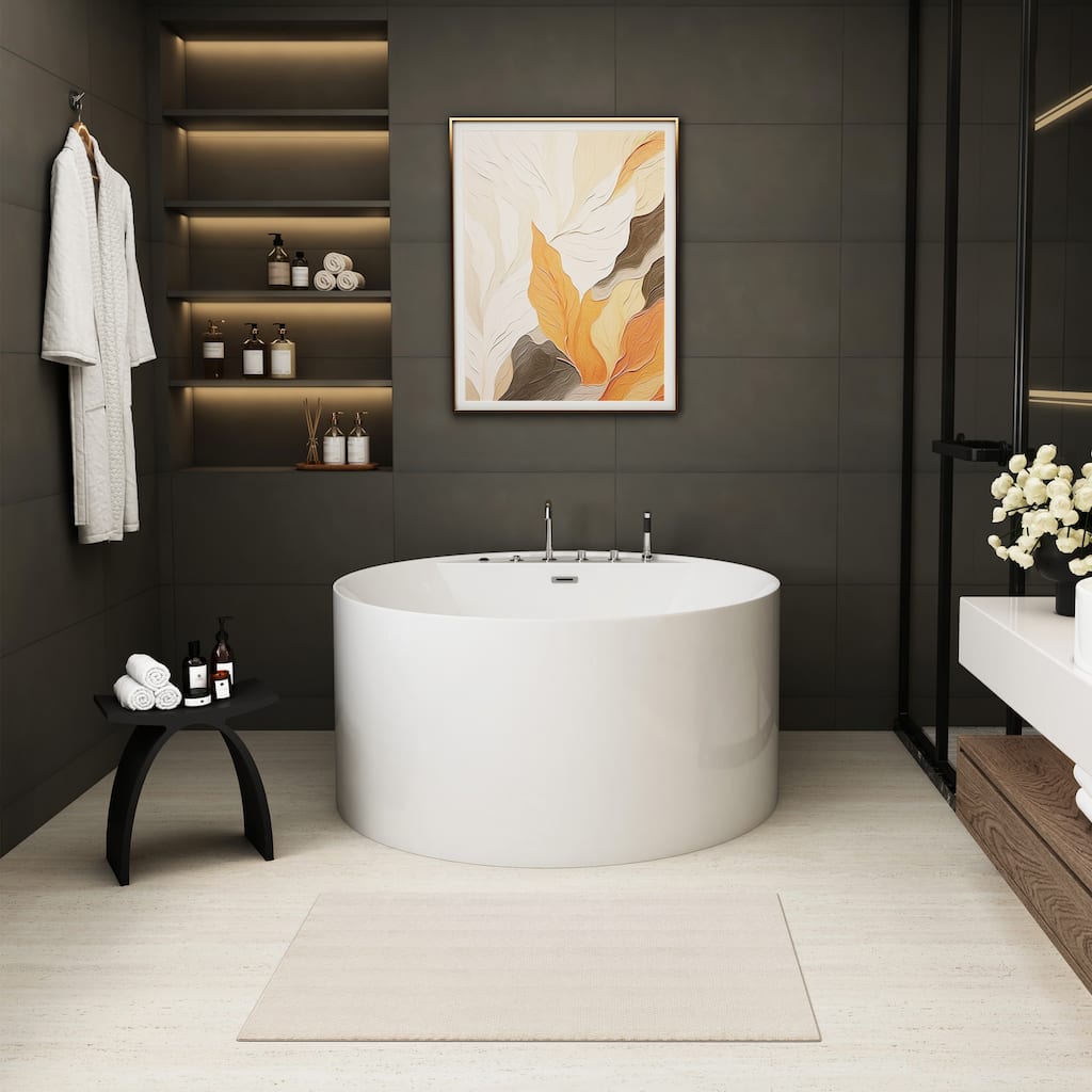 47 in. Freestanding Acrylic Whirlpool Bathtub with 6 Jets, Chromatherapy LED Lighting, 4-Hole Faucet Kit, Center Drain