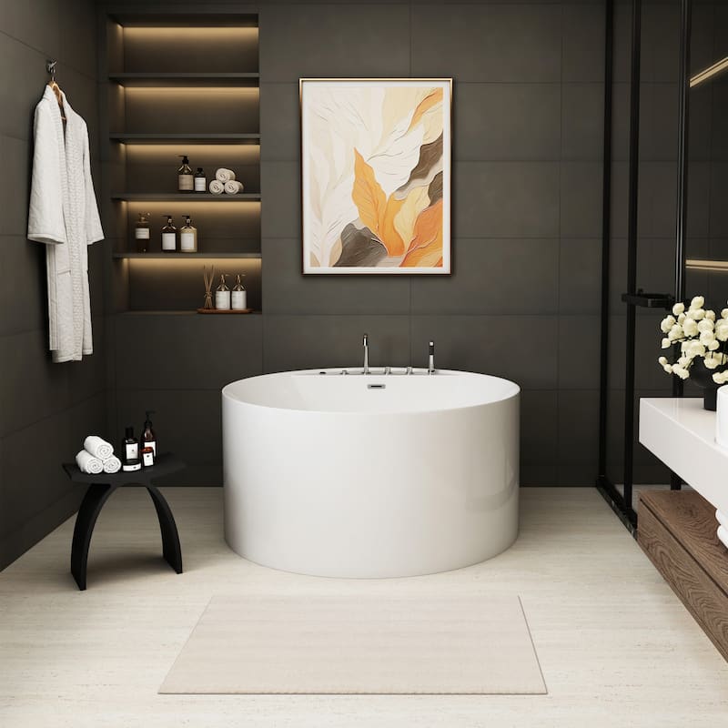 47 in. Freestanding Acrylic Whirlpool Bathtub with 6 Jets, Chromatherapy LED Lighting, 4-Hole Faucet Kit, Center Drain