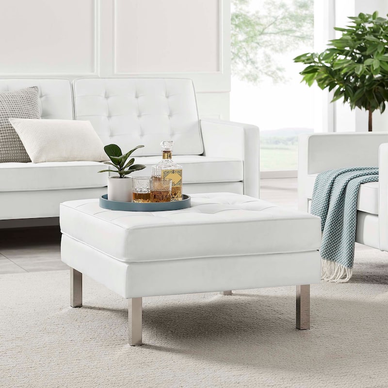 Loft Tufted Vegan Leather Ottoman - White