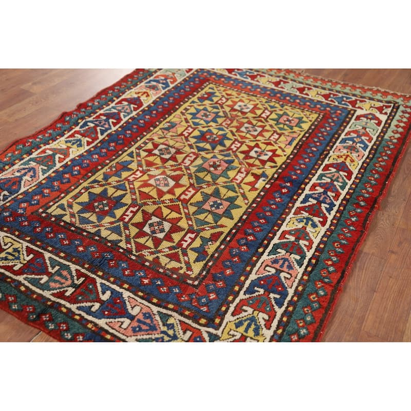 Pre-1900 Antique Kazak Vegetable Dye Rug Hand-Knotted Wool Carpet - 3'7" x 5'2"