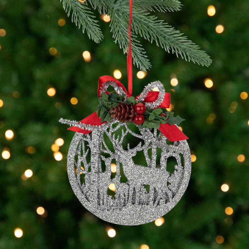 4.5-Inch 2-D Silver Glitter Reindeer Family Silhouette Christmas Ornament - 4.5"