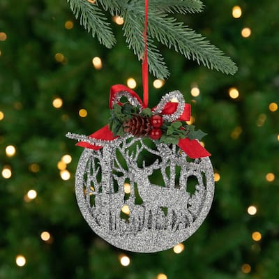 4.5-Inch 2-D Silver Glitter Reindeer Family Silhouette Christmas Ornament - 4.5"