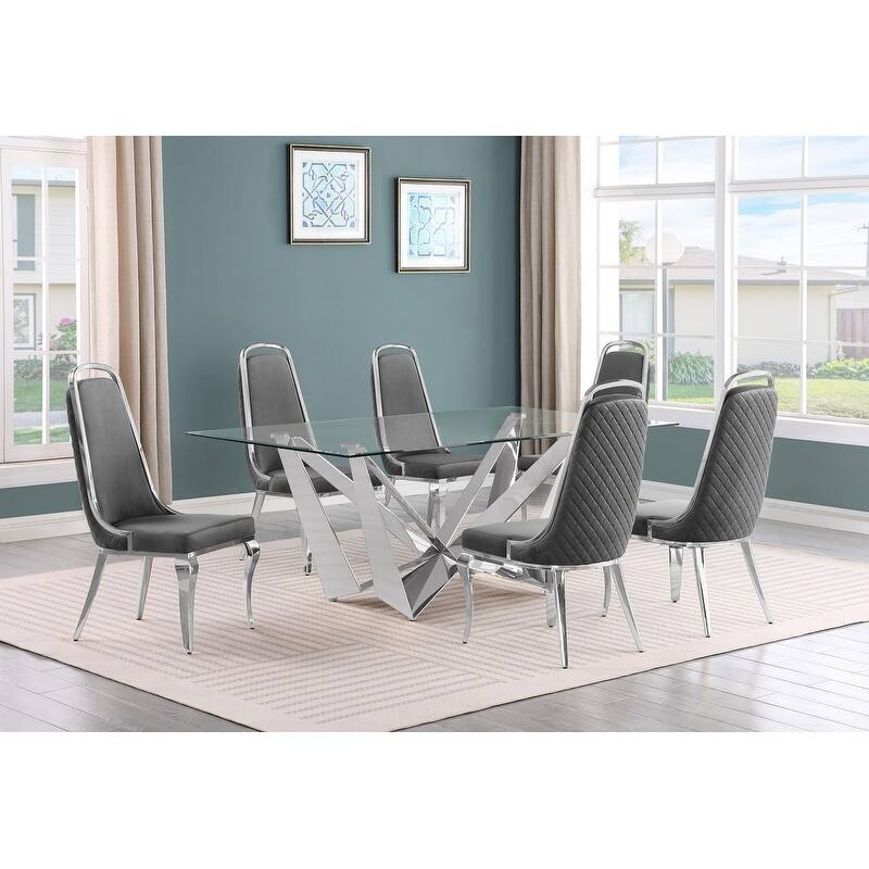 Best Quality Furniture D400/1-SC310-7 Dining Set with 78" 12mm Glass with Bevel - 7-Piece - Dark Grey / Silver