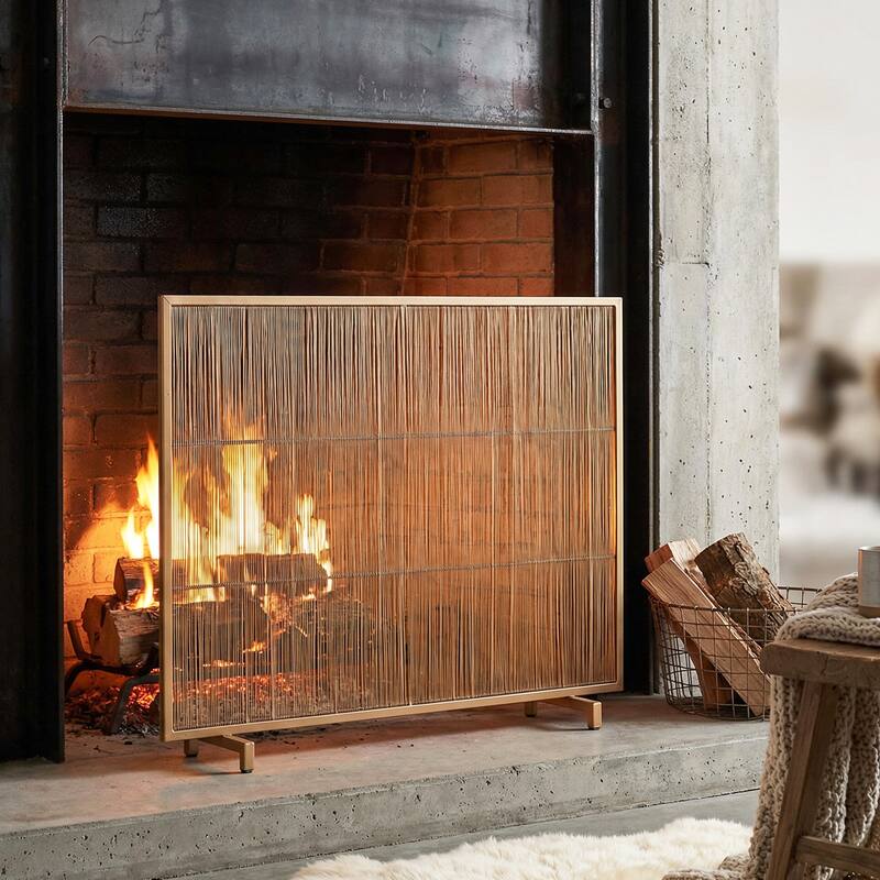 Roomfitters Willow 1-Panel Iron Fireplace Screen with Vertical Bar Design - Golden