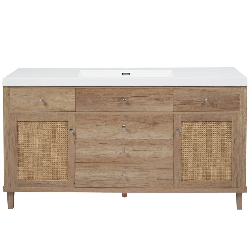 60" Bathroom Vanity with SMC Sink Bathroom Storage Cabinet with 5 Soft Close Drawers and Rattan Doors