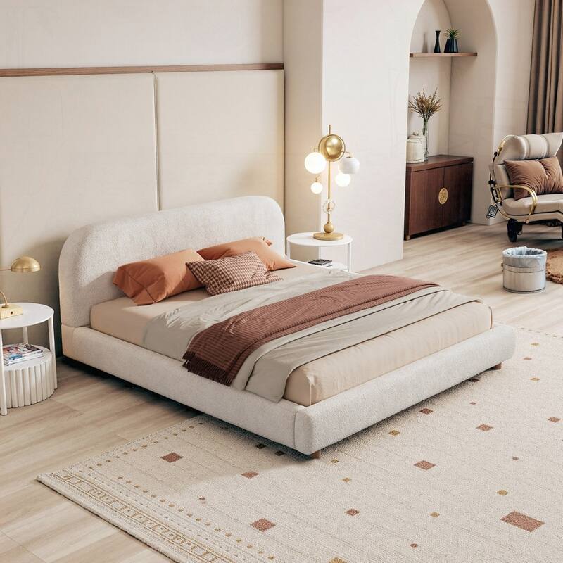 Boucle Fabric Upholstered Platform Bed with Curve-Shaped Design Headboard