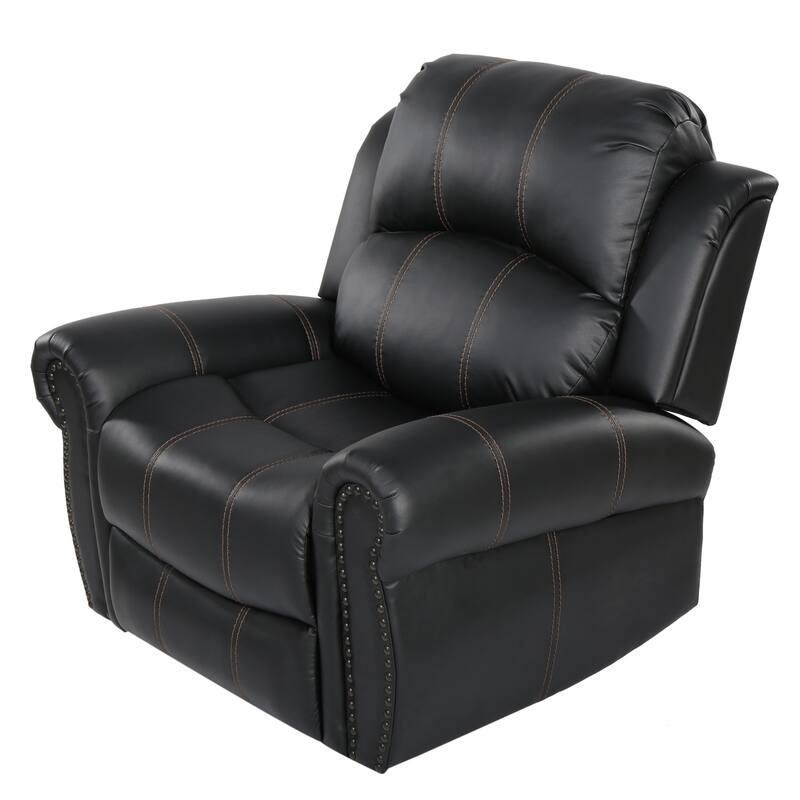 Manual Glider Recliner Chair, Nailhead Trim, Plush Black Faux Leather