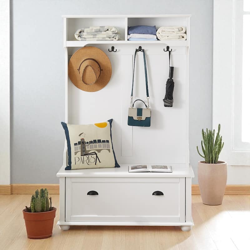 Classic Entryway Hall Tree with Bench, Shelves, Shoe Cabinet & Coat Hooks, Solid Wood Feet Coastal Design