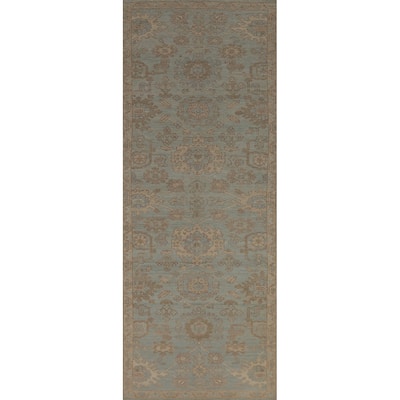 Vegetable Dye Oushak Turkish Runner Rug Handmade Blue Wool Carpet - 2'10" x 9'10"