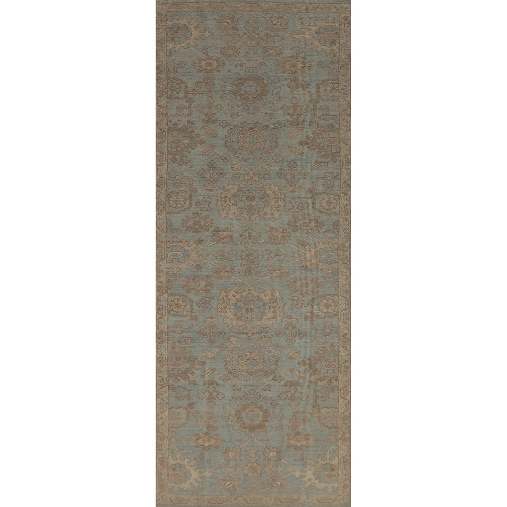 Vegetable Dye Oushak Turkish Runner Rug Handmade Blue Wool Carpet - 2'10" x 9'10"