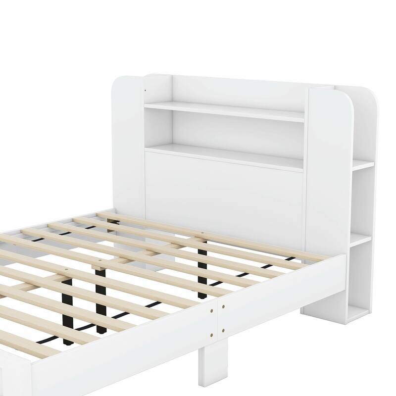 Platform Bed with Storage Headboard, Multiple Shelves on Both Sides