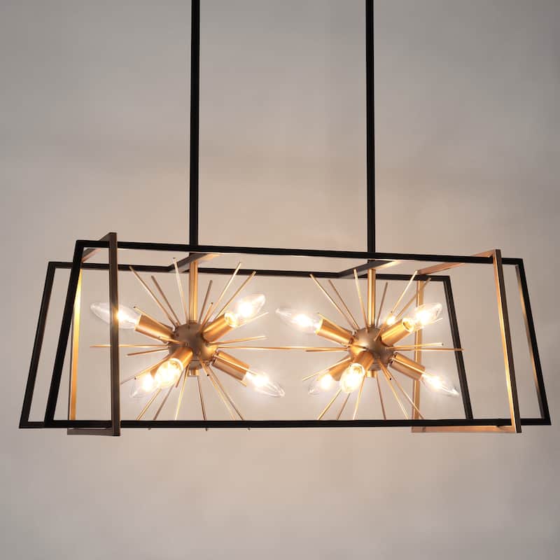 Modern 12-Light Black Gold Sputnik Chandelier Rectangle Island Lights for Dining Room - 29.5" L x 14" W x 10.5" H