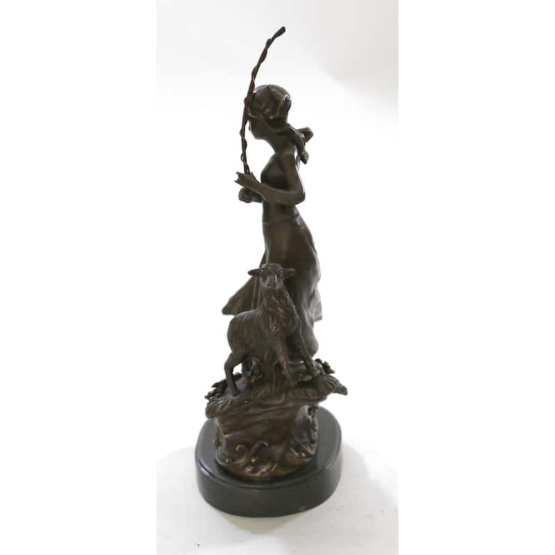 Art Deco Sculpture Shepherd Girl Woman With 2 Sheep Bronze Statue Figurine Sale