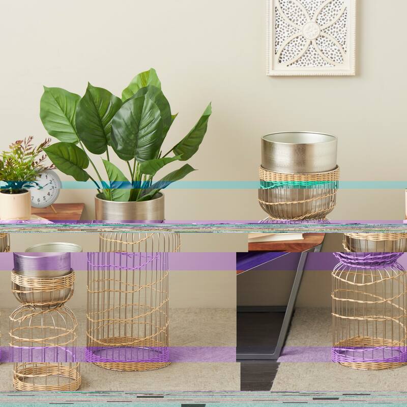 Silver or Gold Metal Caged Wire Planter with Woven Seagrass Accents (Set of 3)