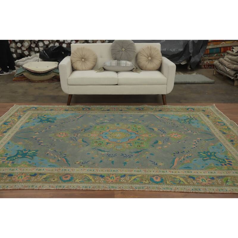 Hand Knotted Oriental 100% Wool Carpet Traditional Floral Greys & Charcoal Tabriz Area Rug - 9' 7'' X 6' 8''