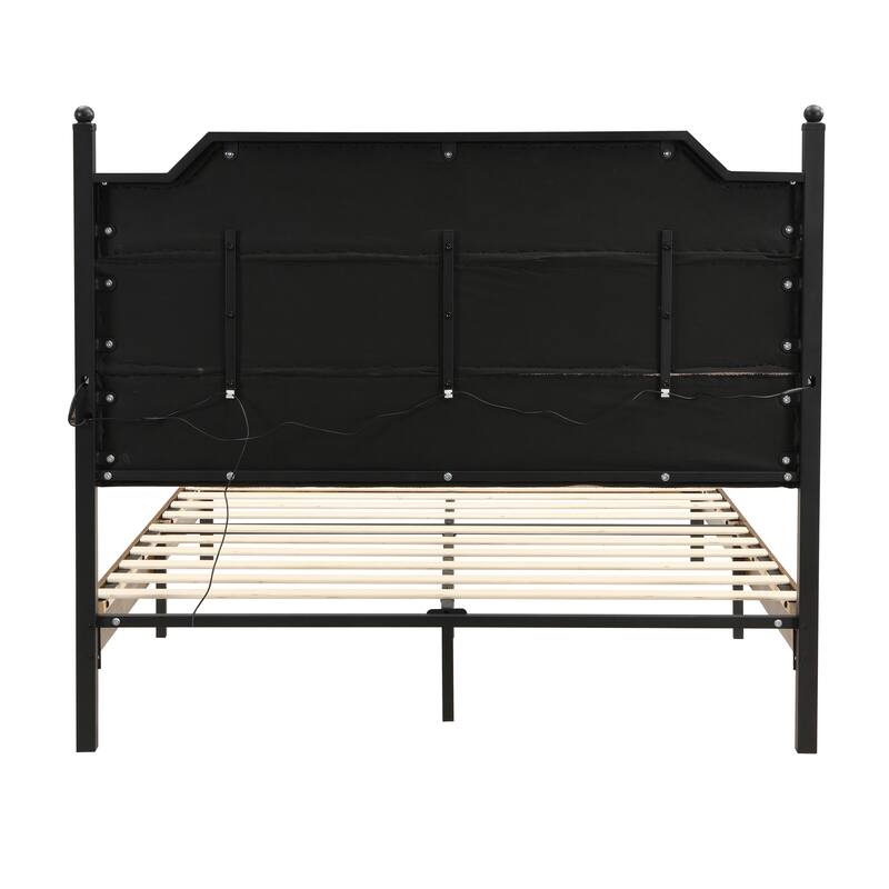 Queen Bed Frame , Upholstered headboard with Charging and Touch sensitive LED Lights, Under Bed Storage, No Box Spring Needed