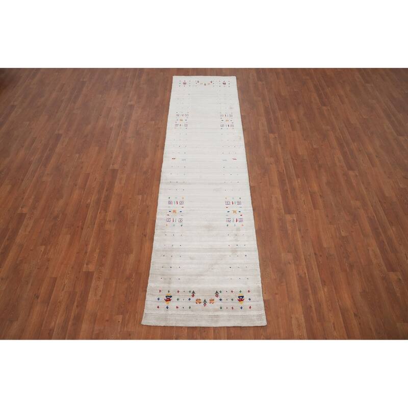 Hand Knotted Oriental Viscose Silk Carpet Tribal Animal Pictorial Beige & Ivories Gabbeh Runner Rug - 9' 9'' X 2' 6''