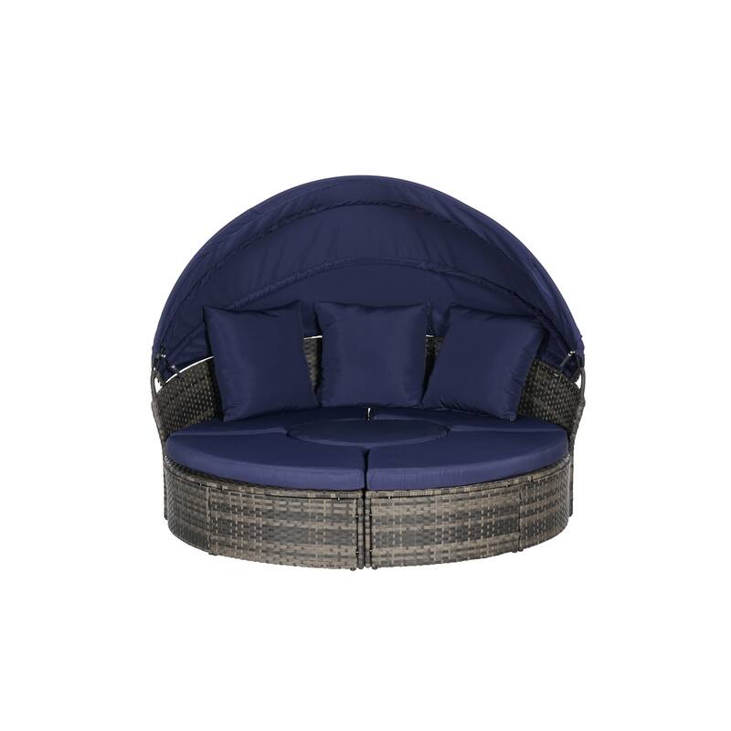 5-Piece Outdoor Patio Conversation Set Wicker Daybed Set with Canopy, Storable Table&Soft Cushions