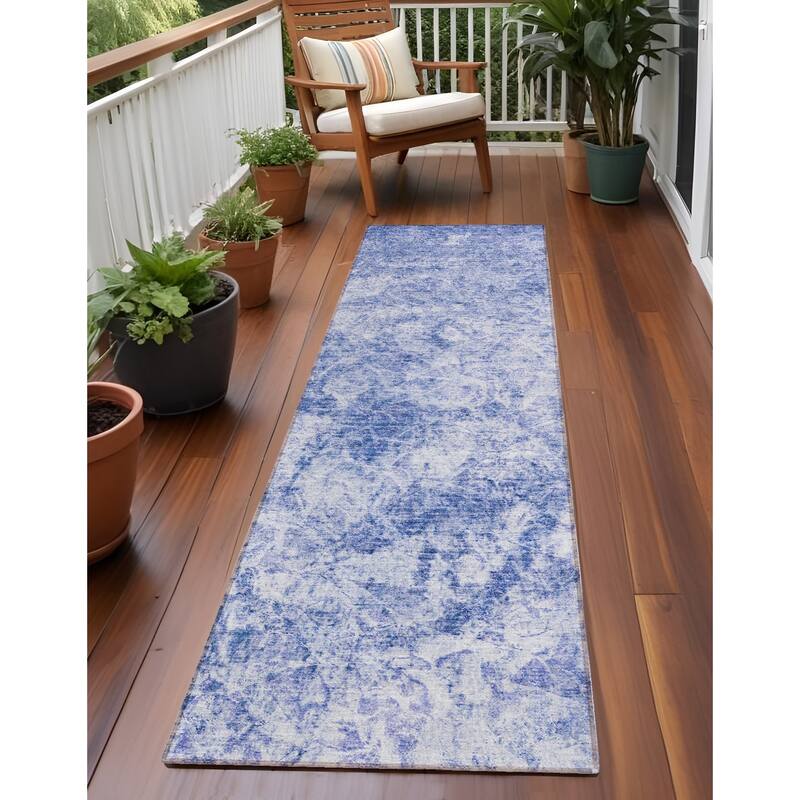 Dava Artistic Abstract Weather Resistant Versatile Elegance Outdoor Rug - 8' Runner - Blue