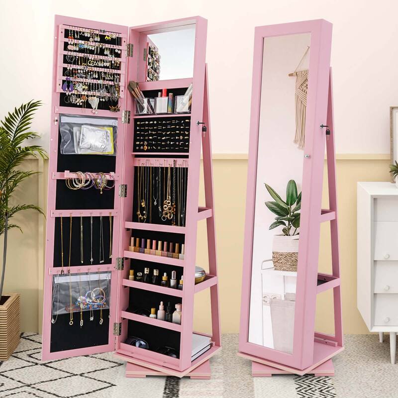 Costway 360degree Rotatable Jewelry Cabinet 2-in-1 Lockable Mirrored - See Details