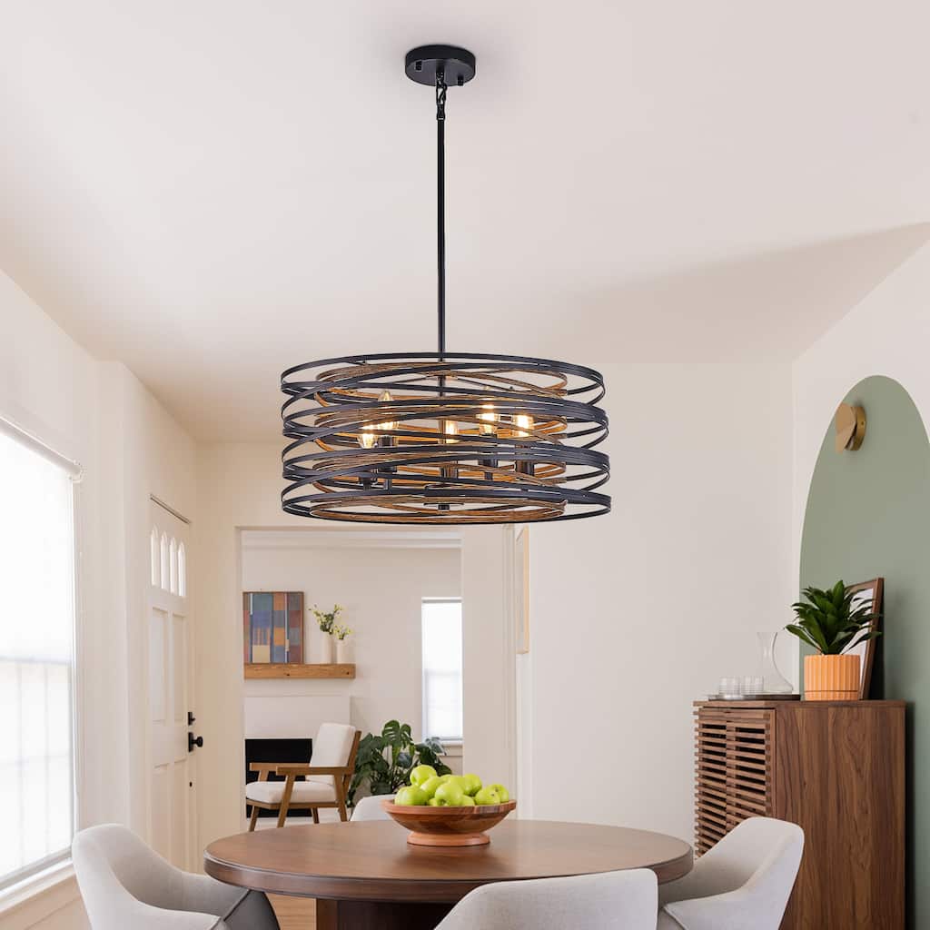 20" Rustic Industrial Pendant Light, 5-Light Black and Walnut Metal Cage Chandelier with Wood Accents (No Bulbs)