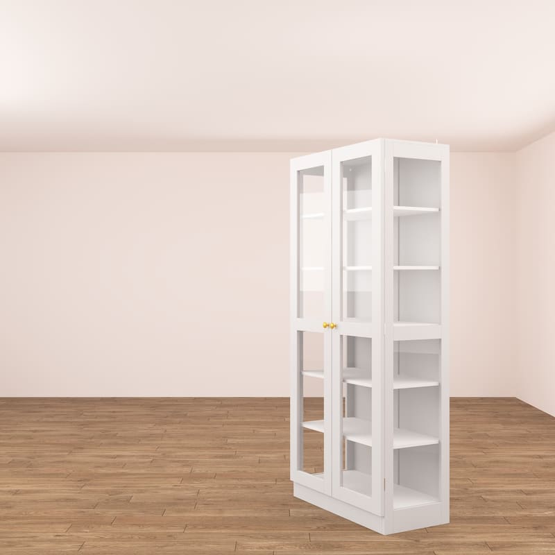 Bookcase Display Cupboard Curio Cabinet 2 Glass Door White Lacquer - 70.9"Hx31.5"W