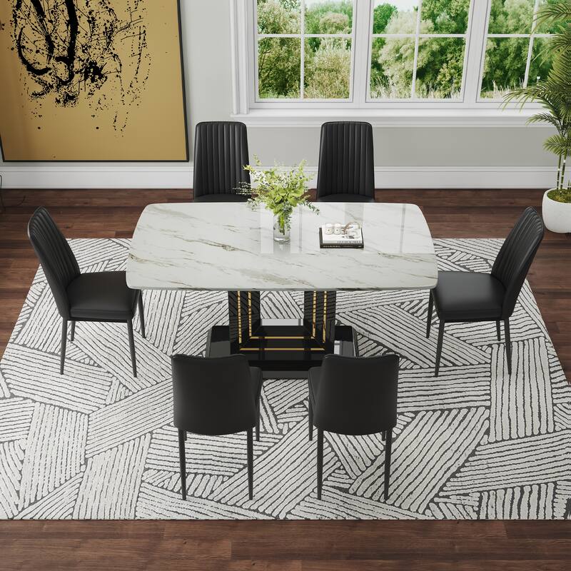 Modern Dining Table Set, 7-Piece Faux Marble Kitchen Table for 6-8, Glass Rectangular Dining Room Table with U-shaped Table Legs