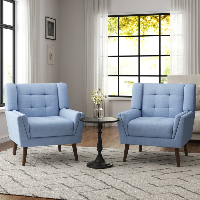 2 Set Mid Century Modern Linen Accent Armchair with Wooden Legs