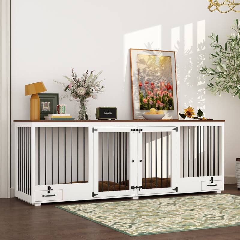 Dog Crate Furniture with Feeding Drawer and Divider, 86.6" Extra Large Indoor Dog Kennel for 2 Dogs,Pet Crate Sideboard