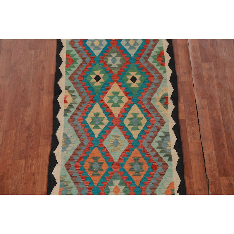 Geometric Kilim Oriental Runner Rug Hallway Hand-Woven Wool Carpet - 2'10" x 13'0"