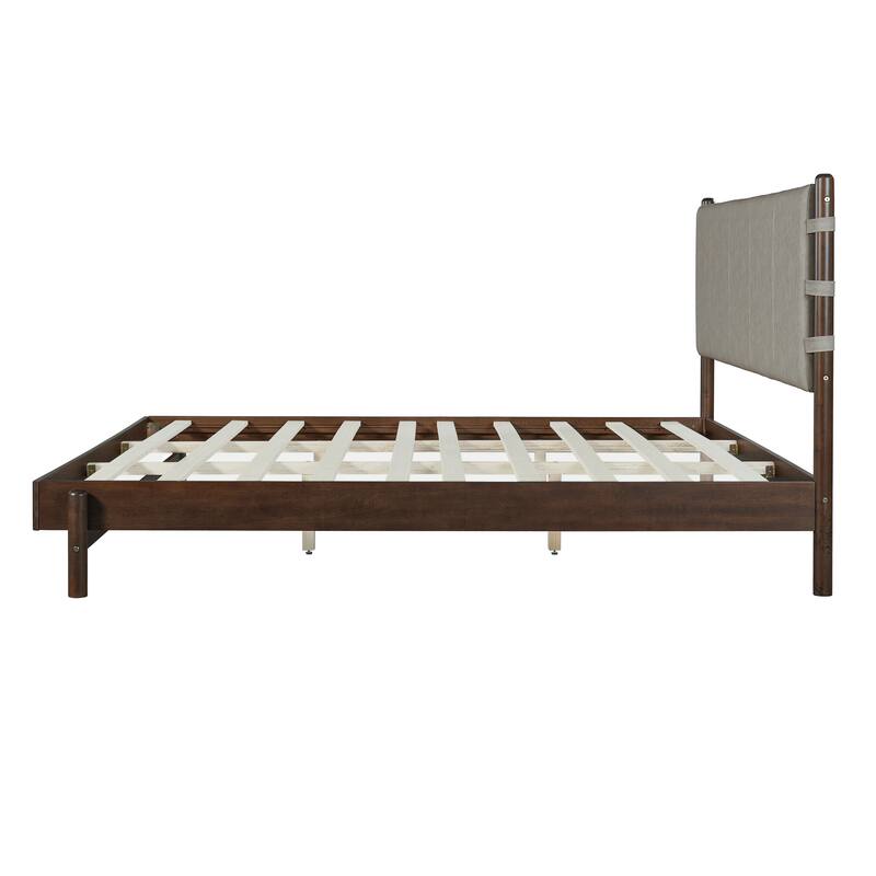 King Size Platform Bed Frame with Headboard, Walnut & Light Grey, Mid Century Modern Design