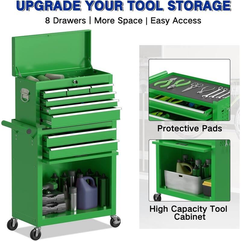 8-Drawer Rolling Tool Storage Cabinet with Detachable Top Tool Box