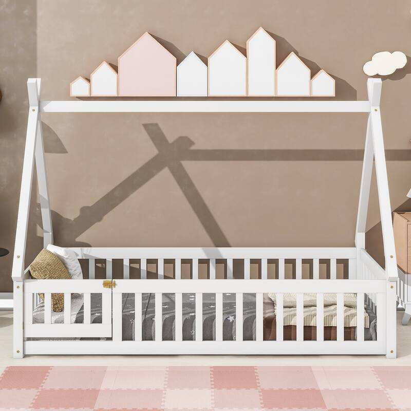 Kids Teepee Bed with Guardrails, Twin/Full Size Floor Bed
