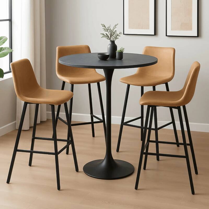 Elland 5-Piece Bar-Height Dining Set with Round MDF Bar Table and Upholstered Leather Bar Stools