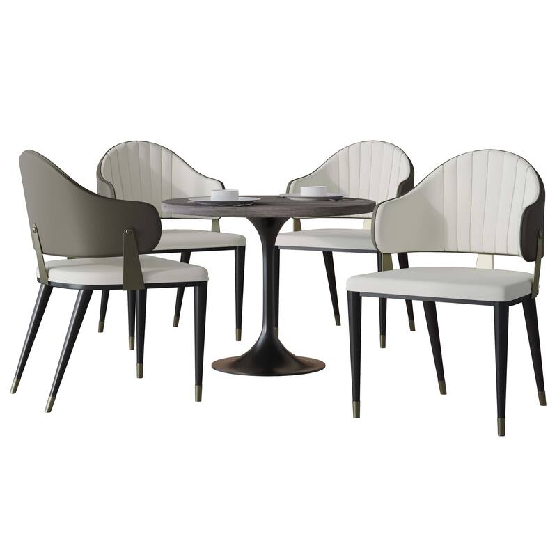 5-Piece Dining Set 36-Inch Square Resin Top Dining Table and 4 Leather Arm Chairs - Grey